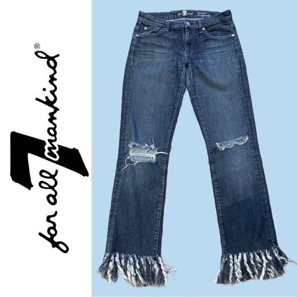 7 For All Mankind Women’s Mid-Rise Straight Distressed Fringed Jeans - Size 28 - Picture 2 of 4